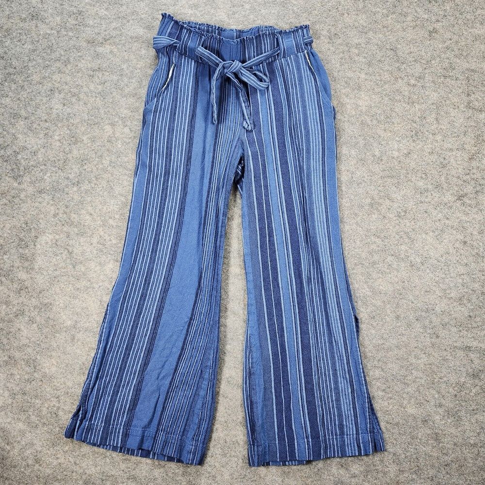 Indigo Rein Pants Women Small Linen Rayon Blue Striped Ankle Slits Beachy Loose